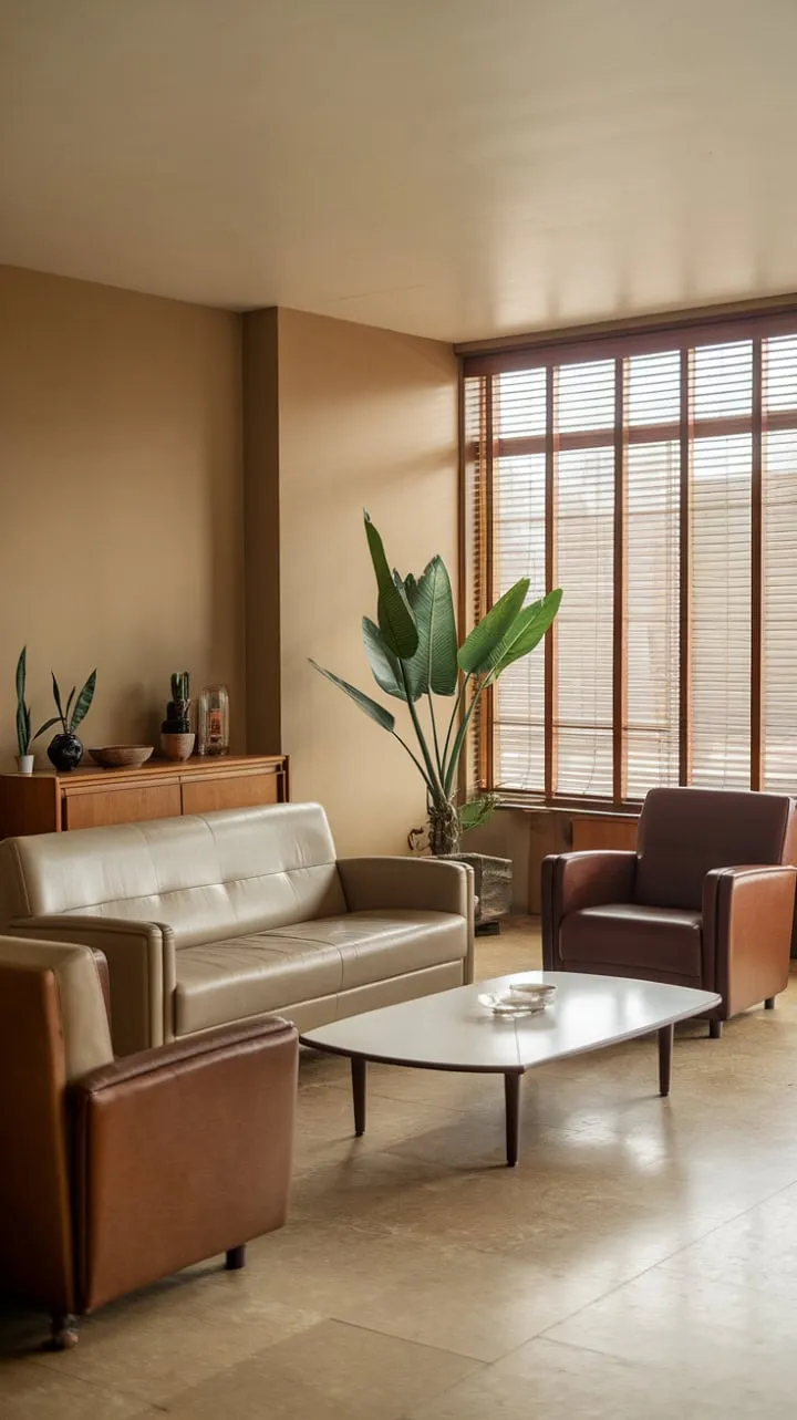 Sunlight dances through wooden blinds, revealing a chic living room where mid-century modern style harmonizes with serene comfort and vibrant greenery.