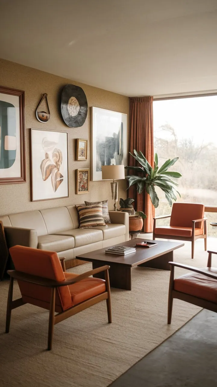 This serene 70s-inspired living room harmoniously blends natural light, eclectic art, and vibrant furnishings, creating a cozy sanctuary that celebrates mid-century design.
