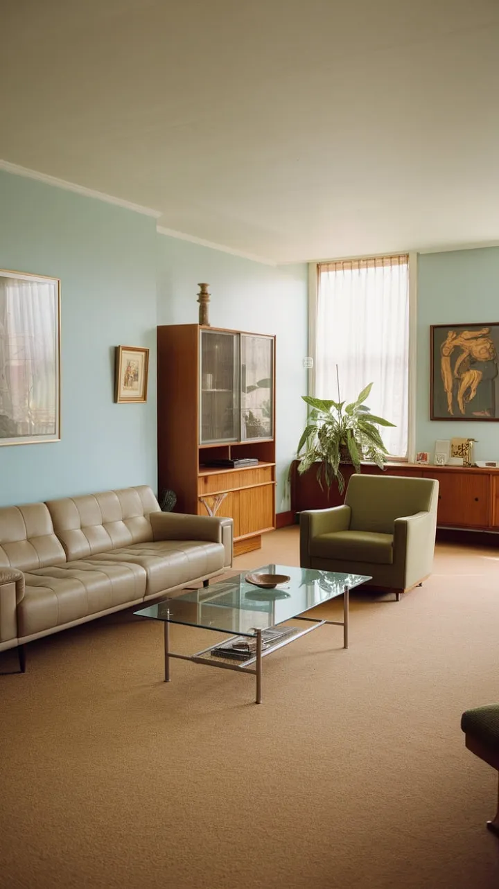 This serene seventies-inspired space harmoniously combines earthy tones and mid-century modern elements, highlighted by a vibrant green armchair and chic glass accents for a stylish yet cozy retreat.