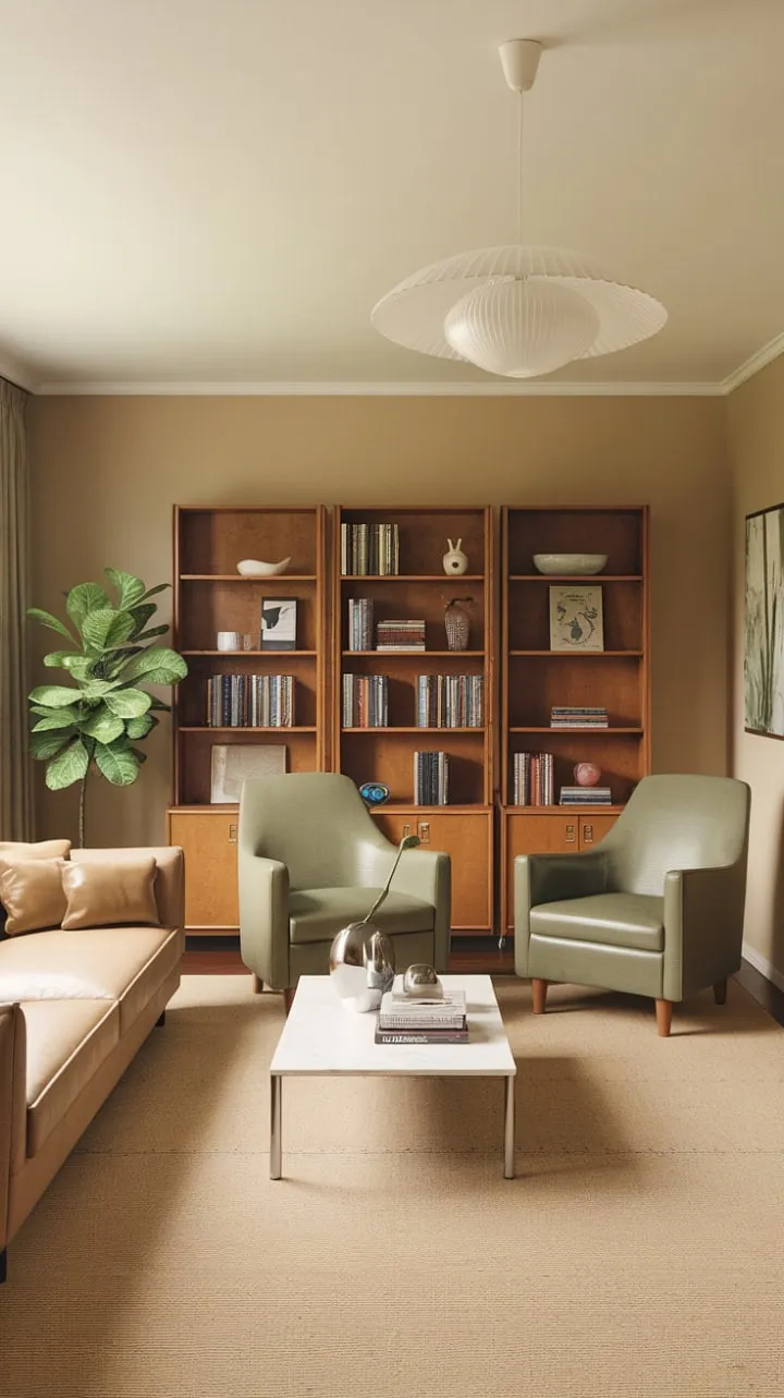 This 1970s living room exudes a serene charm, blending a neutral palette with rich green accents to evoke an air of understated luxury and nostalgic gatherings.