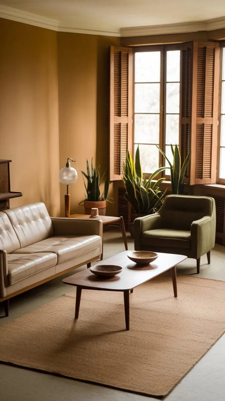 This serene 1970s living room, adorned with warm beige walls and a vibrant green armchair, exudes effortless style and tranquility, inviting cozy evenings bathed in sunlight.