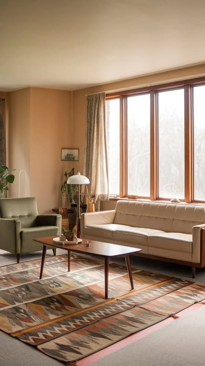 Sunlight bathes a cozy 1970s living room in warmth, where mid-century modern charm and serene elegance create a tranquil retreat.