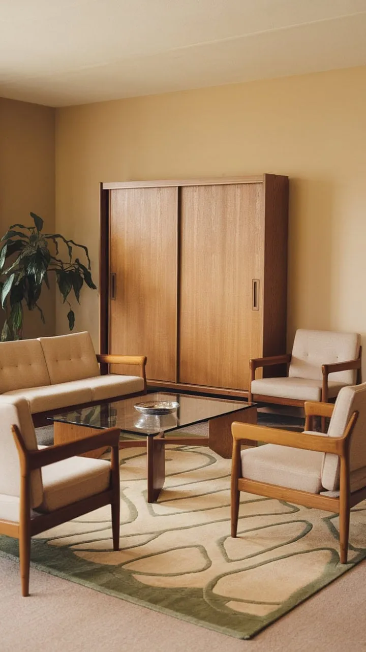 This 70s haven exudes relaxed sophistication with its soft beige palette, textured furnishings, and a refreshing touch of nature.