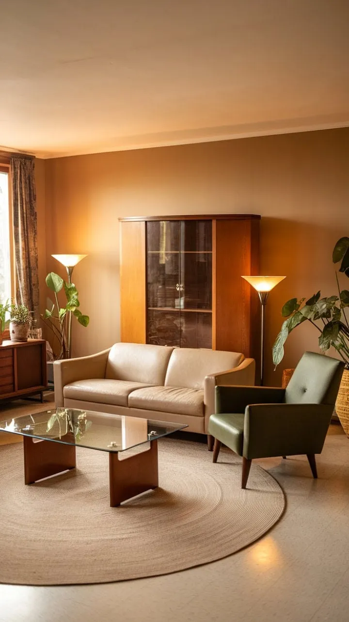 In a chic 70s modern oasis, warm honey light dances on plush furnishings and potted plants, creating a serene blend of elegance and nature.
