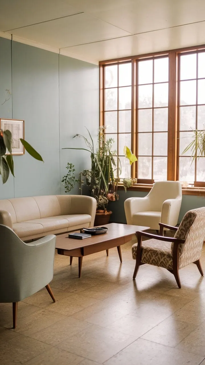 Bathed in sunlight, this 1970s living room exudes understated elegance with its warm beige hues, stylish seating, and vibrant indoor greenery.