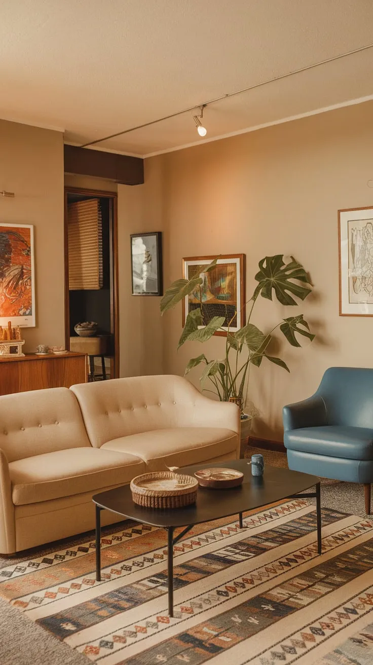 Warm, honey-toned light spills across the 70s-chic living room, highlighting the plush beige sofa and the vibrant blue accent chair. A sense of calm sophistication pervades the space, anchored by the black coffee table and the patterned rug beneath. The green plant adds a touch of nature, completing this effortlessly stylish scene. A perfectly curated space reflecting the era's understated elegance.