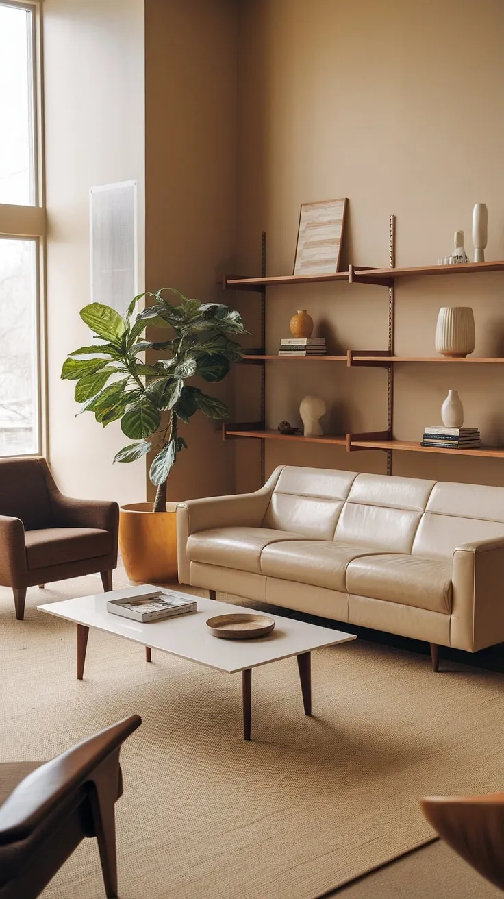 Bathed in the warm glow of the setting sun, this 1970s living room exudes a timeless elegance. The neutral palette, punctuated by the vibrant green plant and rich textures of the furniture, creates a space of understated sophistication. A perfect example of how simple design can be incredibly impactful.