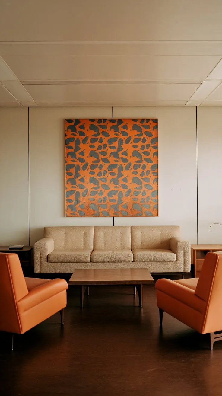 A time capsule of 1970s living. The soft lighting enhances the rich tones of the orange accents against the neutral beige sofa, creating a sophisticated and inviting atmosphere. The geometric artwork above adds a vibrant pop of color, while the dark brown floor grounds the space. A truly captivating example of retro design.
