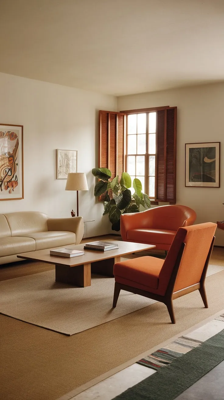 Sun-drenched serenity in this 1970s living room. The warm hues of the orange chairs and beige sofa, complemented by the natural wood tones and a touch of green from the potted plant, create a space that's both stylish and effortlessly inviting. A perfect example of understated elegance.