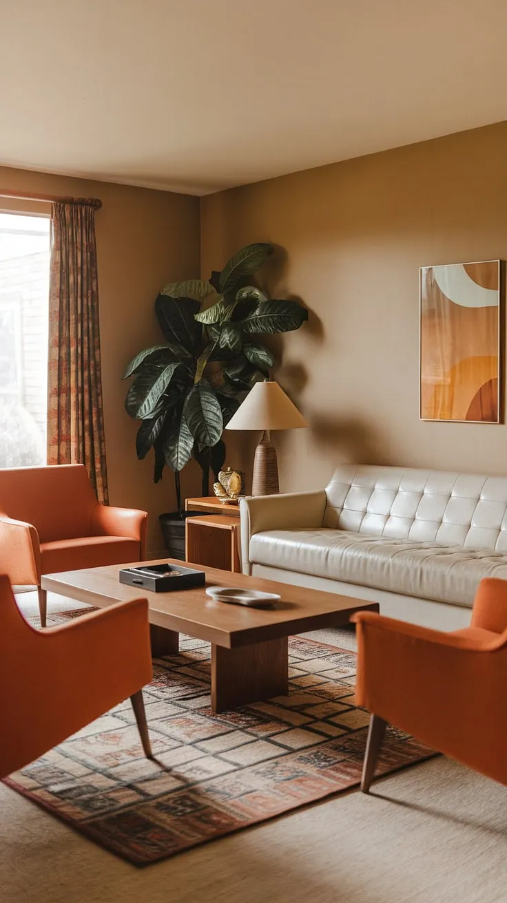 A warm, earthy palette defines this 1970s living room, where the beige sofa and orange accent chairs create a cozy haven. The patterned rug and wooden coffee table add texture and warmth, while the strategically placed plant brings a touch of nature indoors. A simple lamp provides soft, ambient lighting, completing this perfectly balanced space.