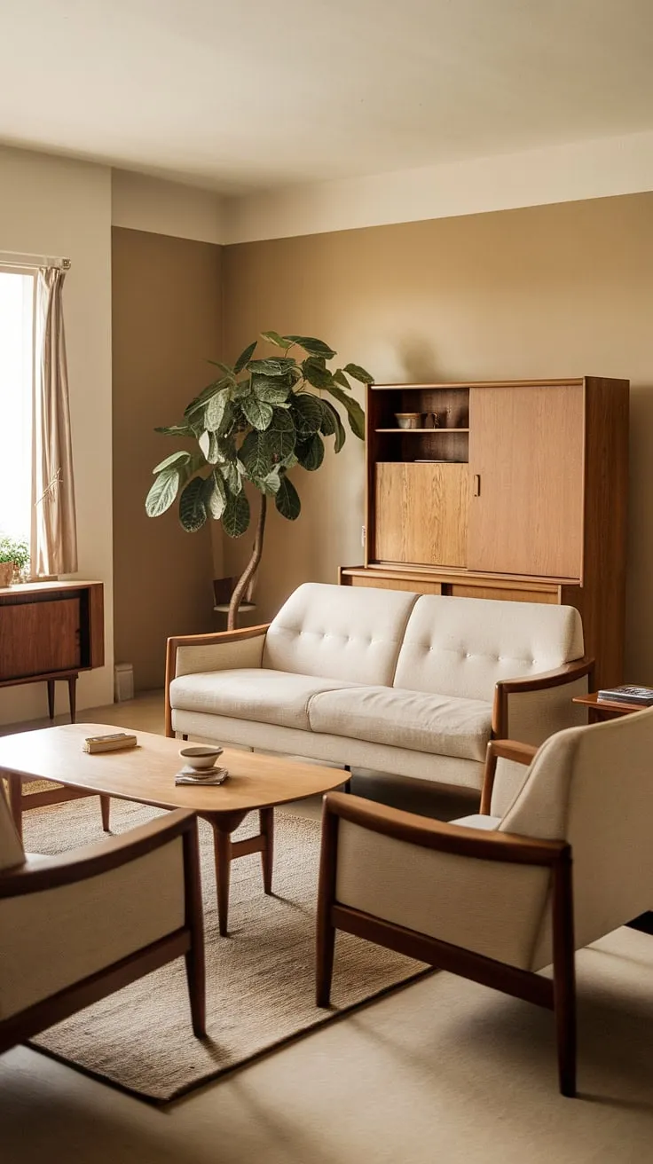 A perfectly preserved time capsule of 1970s living. The beige tones, the simple lines of the furniture, and the overall sense of calm create a space that feels both timeless and utterly inviting. A true reflection of the era's understated sophistication.