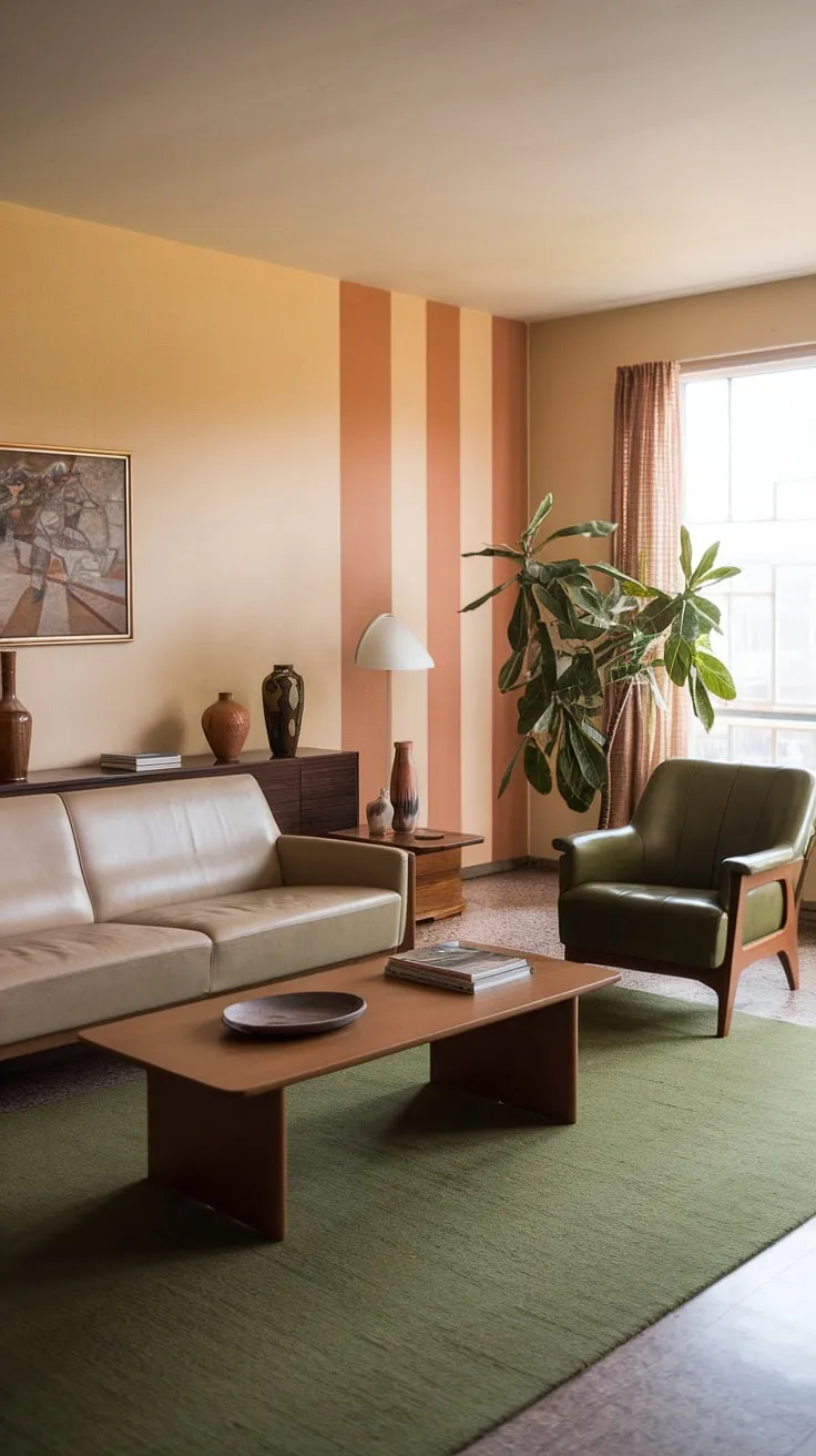 Stepping back in time to a 1970s haven of earthy tones and mid-century modern charm. The warm beige sofa, complemented by the vibrant green armchair, creates a cozy atmosphere, while the patterned walls and green rug add a touch of 70s flair. A potted plant brings life to the space, showcasing the era's appreciation for nature's beauty. This living room is a testament to the enduring appeal of classic design.