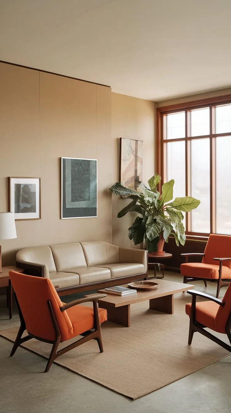 Stepping back in time to a 1970s haven of calm. The warm beige tones, punctuated by vibrant orange accents and the lush green of the plant, create a space that's both stylish and effortlessly inviting. A perfect example of retro design done right.
