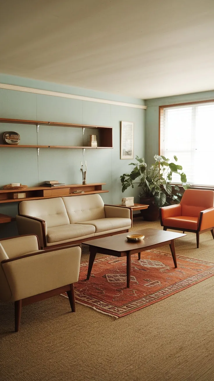 This 1970s living room embodies understated elegance. The soft blue walls provide a tranquil backdrop for the earthy tones of the furniture and rug, while the potted plant adds a touch of nature. A perfect example of how simple design elements can create a space that feels both inviting and stylish.