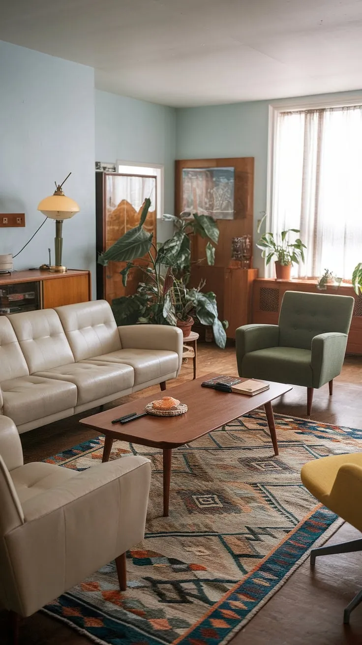 Step back in time to a 1970s haven of mid-century modern design. The soft blue walls, patterned rug, and eclectic mix of furniture-from the beige sofa to the vibrant green armchair-create a space that's both stylish and inviting. A touch of sunshine yellow near the window adds a cheerful pop of color, perfectly complemented by the lush greenery. This is more than just a room; it's a nostalgic escape.