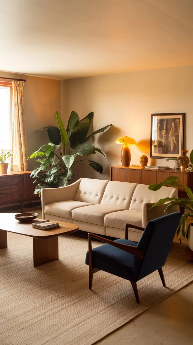 Step back in time to a 1970s haven of understated elegance. The warm, beige tones of the sofa and walls create a calming atmosphere, perfectly complemented by the pop of blue from the armchair and the rich textures of the wooden coffee table and sideboard. A testament to the enduring appeal of mid-century modern design.