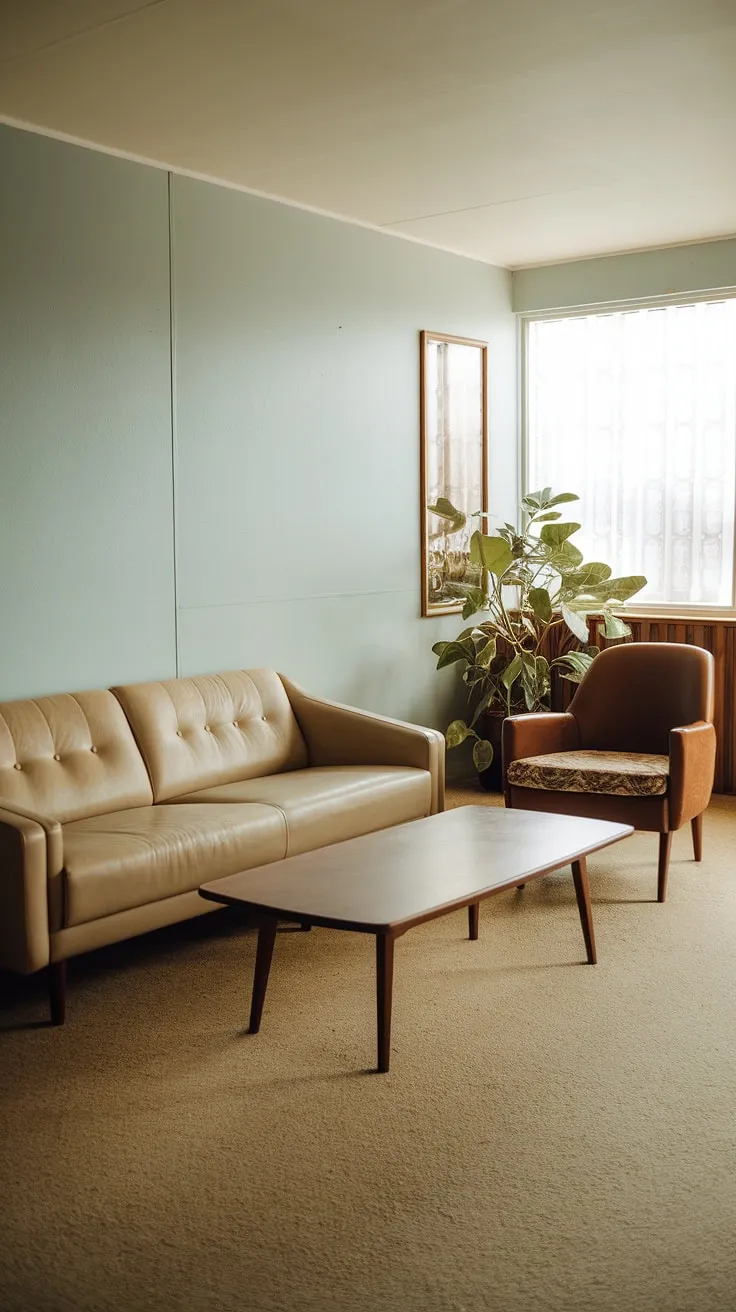 This 1970s living room is a testament to the era's design sensibilities. The muted color palette, featuring calming beige and light blue, is balanced by the rich brown of the armchair. The wooden coffee table and patterned cushion add textural interest, while the potted plant brings a touch of life to the space. A truly inviting and timeless atmosphere.