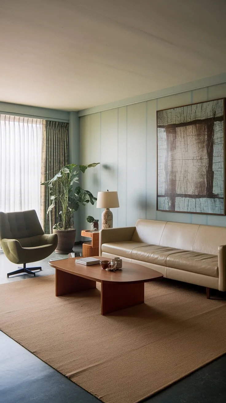 Bathed in the soft glow of a 70s afternoon, this living room whispers tales of relaxed sophistication. The muted tones of the beige sofa and green armchair, complemented by the abstract artwork and the warm light from the lamp, create a haven of calm and understated elegance. A testament to a bygone era of design, this space effortlessly blends comfort and style.