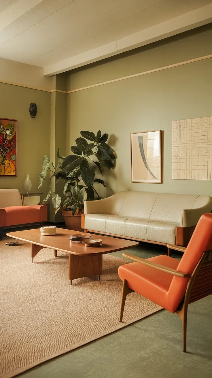 Stepping back in time to a 1970s haven of calm. The soft green walls, beige sofa, and vibrant orange accent chair create a surprisingly harmonious space, perfectly complemented by the warm wood tones and a touch of nature. A testament to the enduring appeal of mid-century modern design.