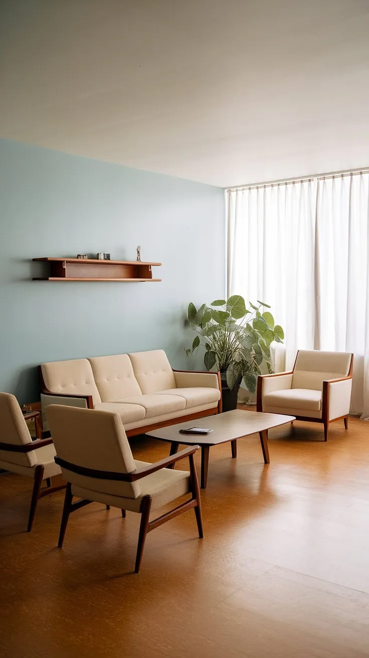 Sunlight streams through the window, illuminating the calming beige palette of this 1970s haven. The carefully chosen furniture, from the plush sofa to the delicate chairs, speaks to a time of understated sophistication. A touch of greenery and a thoughtfully arranged shelf complete the picture, showcasing the era's focus on creating a tranquil and inviting home.