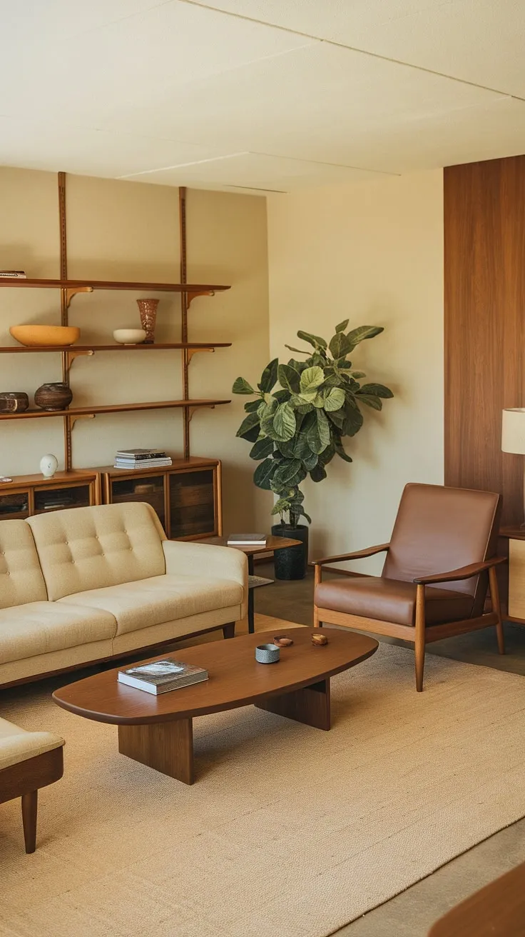 Stepping back in time to a 1970s haven of understated elegance. The warm beige tones, the rich wood accents, and the comforting presence of the easy chair create a space where relaxation reigns supreme. A perfect example of mid-century modern design at its finest.