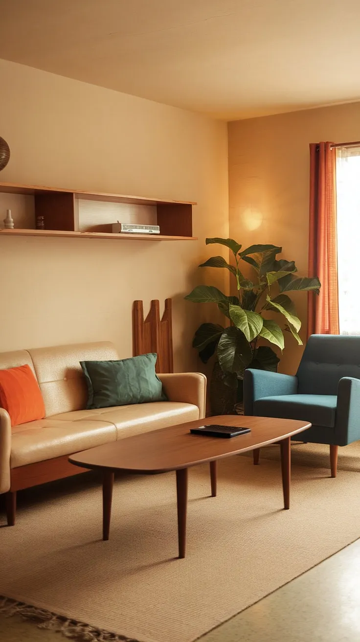 Stepping back in time to a 1970s haven of calm. The warm lighting, earthy tones, and perfectly placed pops of orange and green create a space that's both effortlessly stylish and incredibly inviting. A testament to the enduring appeal of retro design.