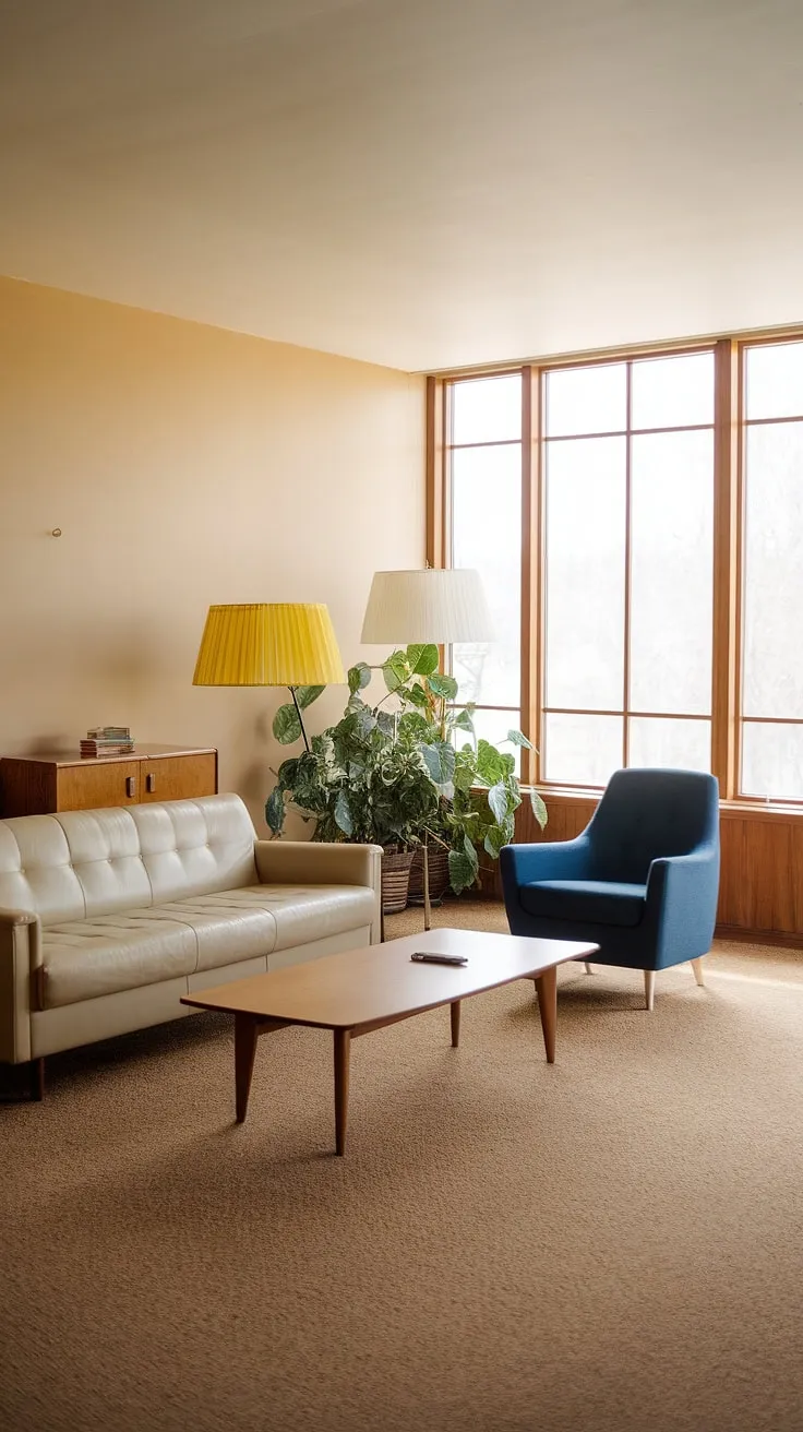 Bathed in the warm glow of a 70s sunset, this living room whispers tales of relaxed evenings and effortless style. The beige palette, punctuated by the vibrant blue chair and lush greenery, creates a haven of calm. A testament to the enduring appeal of mid-century modern design.