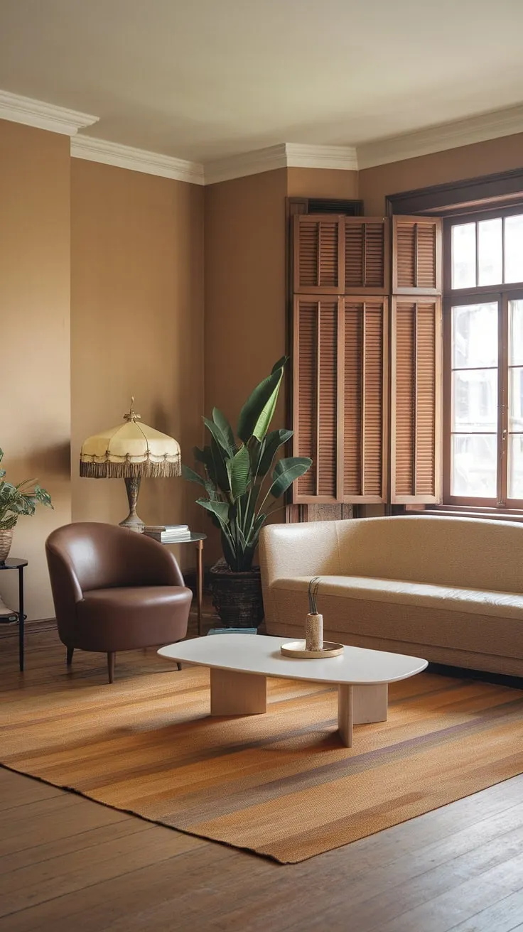 Stepping back in time to a 1970s haven of understated elegance. The warm beige walls, wooden floors, and plush sofa create a calming atmosphere, perfectly complemented by the pops of brown and green. A testament to the enduring appeal of mid-century modern design.