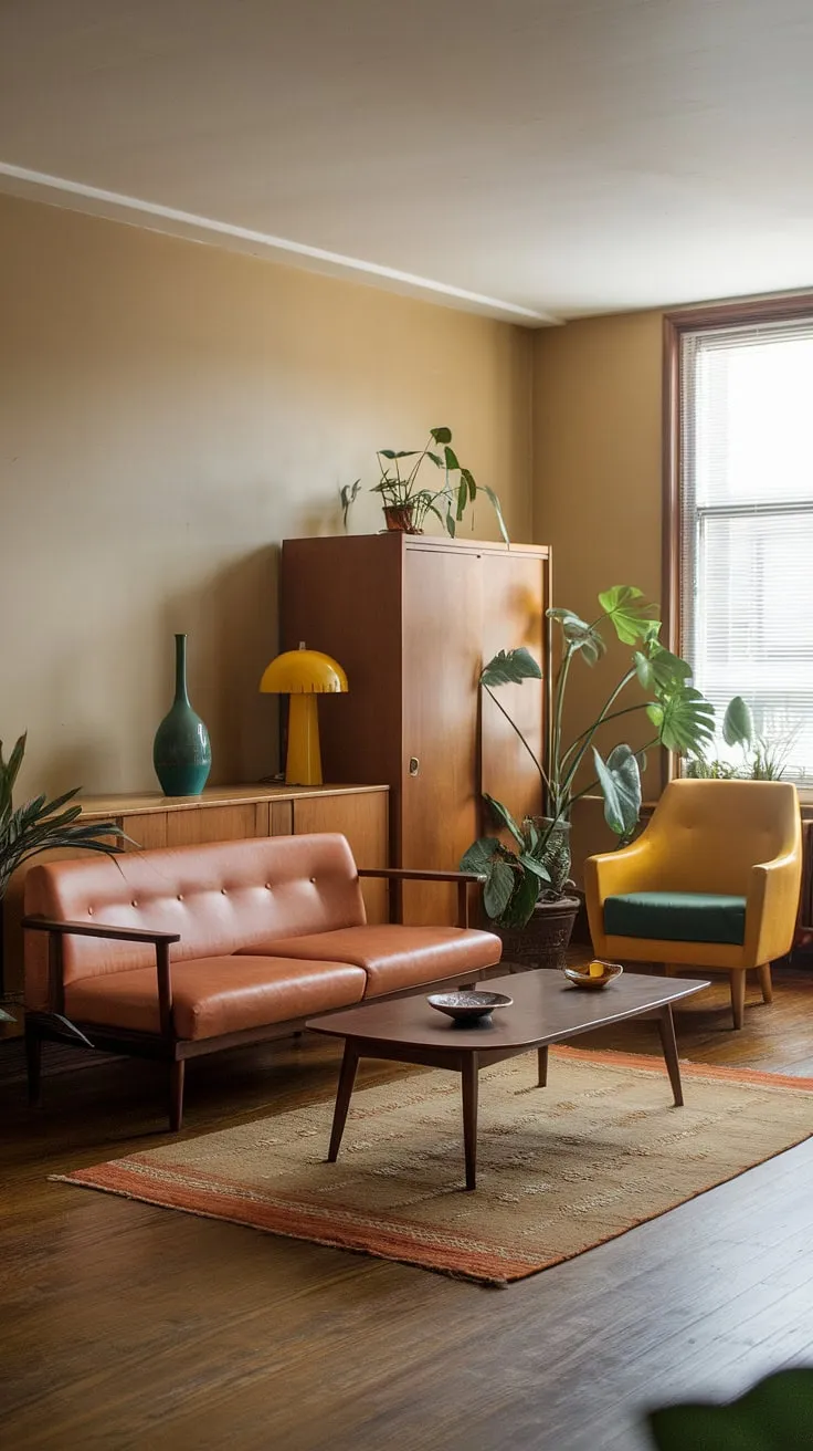 Stepping back in time to a 1970s haven of mid-century modern design. The warm beige walls, the textured rug underfoot, and the vibrant pops of orange and yellow create a space that's both inviting and effortlessly stylish. A testament to the era's appreciation for natural materials and bold color palettes.