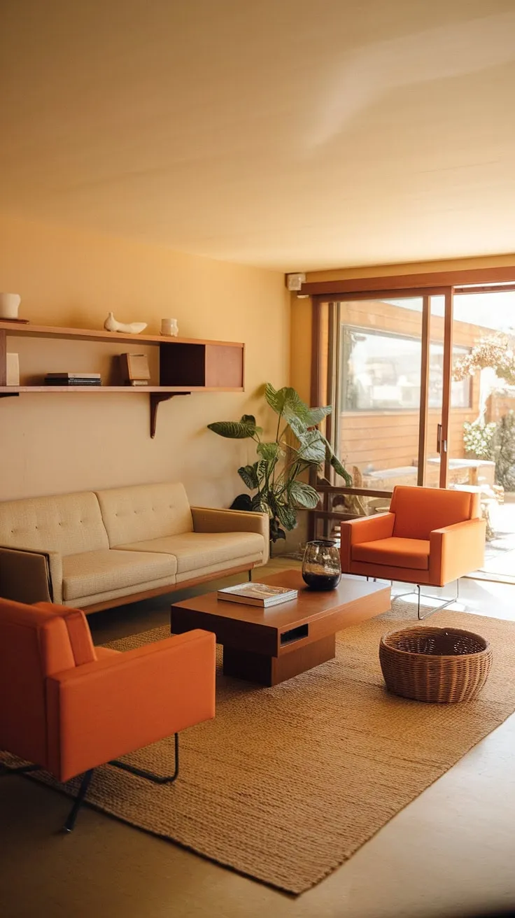 This 1970s living room embodies understated elegance. The neutral palette, accented by the vibrant orange chairs and the textural wicker basket, is a masterclass in balanced design. Natural light floods the space, highlighting the warm wood tones and creating a feeling of calm and comfort. A true testament to the enduring appeal of mid-century modern aesthetics.