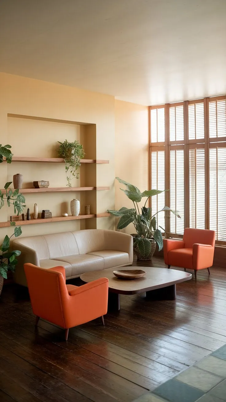 This 1970s sanctuary is a study in understated luxury. The neutral palette of the beige walls and sofa is beautifully offset by the pops of orange in the armchairs, creating a balanced and inviting atmosphere. The dark wood floors and the abundance of natural light filtering through the shutters add depth and warmth, making it the perfect space for relaxation and conversation. A true reflection of 70s style.