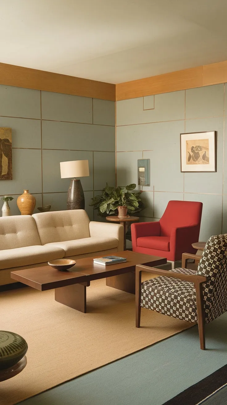 Stepping back in time to a 1970s haven of mid-century modern design. The muted blue walls, beige sofa, and pops of red and black and white create a surprisingly calming atmosphere. A testament to the era's unique blend of comfort and style.