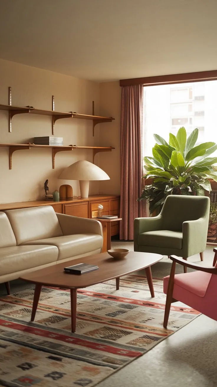 Sun-drenched serenity in this 1970s haven. The warm beige walls, plush sofa, and pops of green and pink create a space that's both stylish and inviting, perfectly complemented by the lush greenery visible through the large window. A testament to the enduring appeal of mid-century modern design.