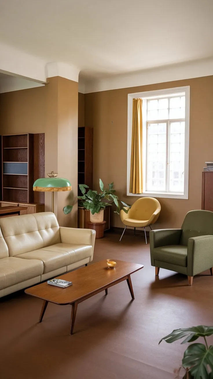 Sunlight streams through the yellow curtains, illuminating the rich textures and calming hues of this 1970s living room. The interplay of beige, green, and yellow creates a sense of serene sophistication. A timeless design, this space whispers of relaxed evenings and cherished conversations. The dark wood flooring grounds the room, adding a touch of warmth and grounding the overall aesthetic.