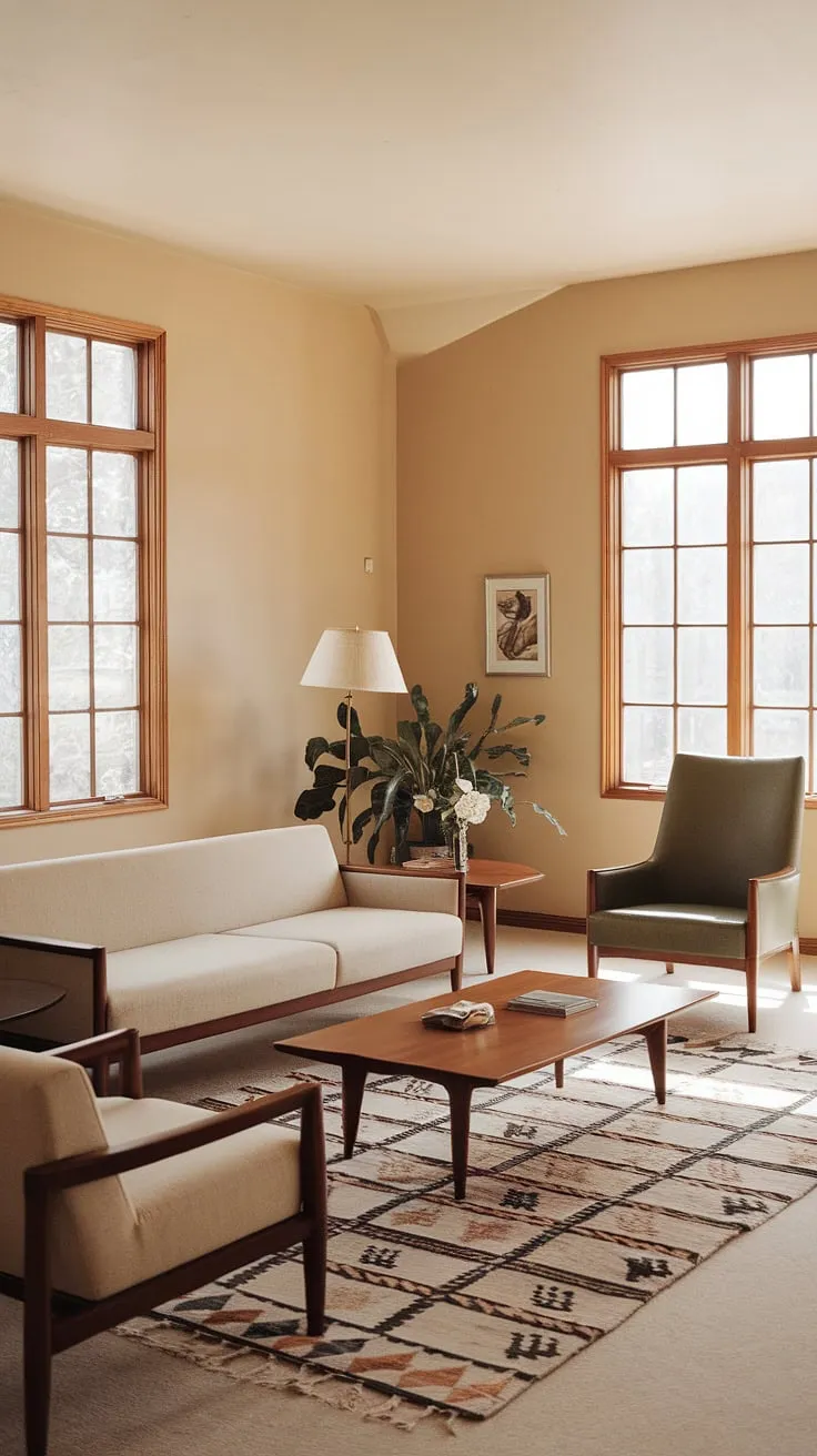 This 1970s living room embodies understated sophistication. The neutral palette of beige walls and sofa is beautifully complemented by the pop of green from the armchair. The simple, clean lines of the furniture, the patterned rug, and the warm glow of the lamp create a calm and inviting atmosphere. A touch of nature, courtesy of the potted plant, completes this perfectly balanced space.