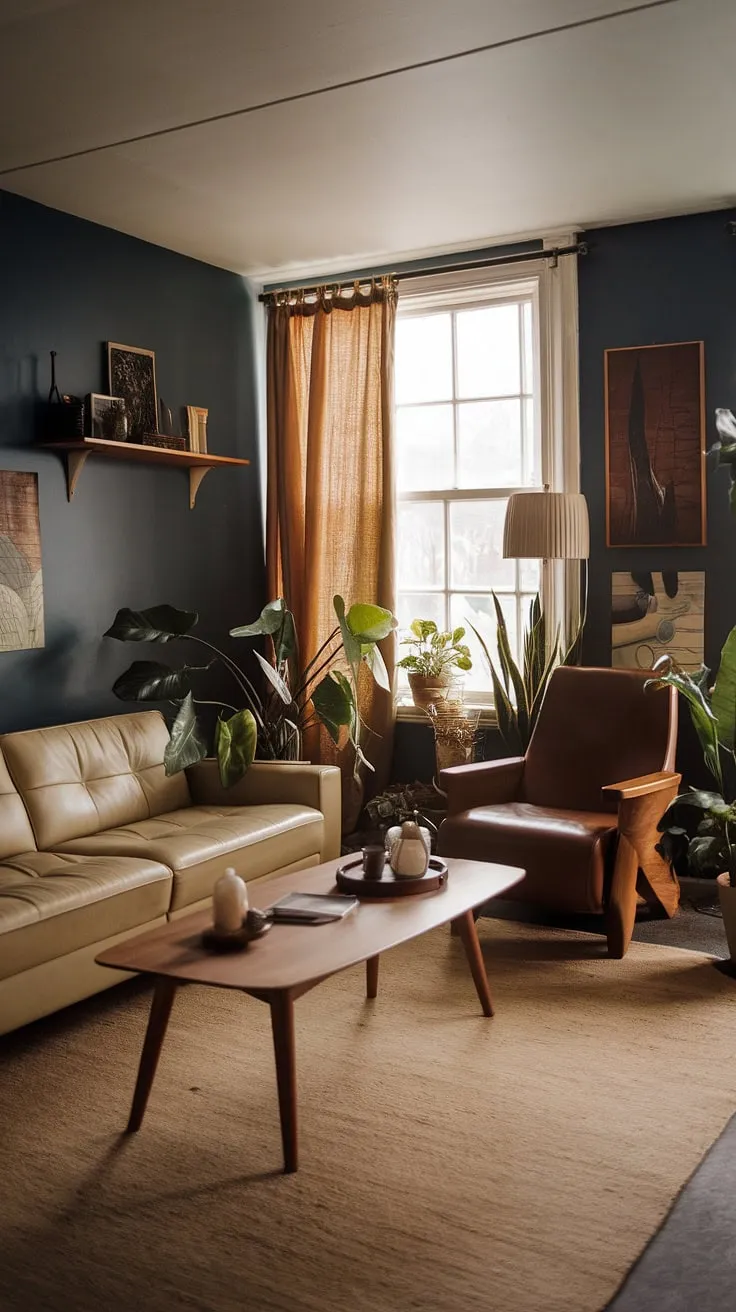This 70s modern living room is a sanctuary of understated elegance. The deep blue walls, plush beige sofa, and rich brown armchair create a cozy atmosphere, enhanced by the soft glow of the lamp and the lush greenery. Every detail, from the wooden coffee table to the carefully chosen wall art, contributes to the overall sense of refined comfort and tranquility.