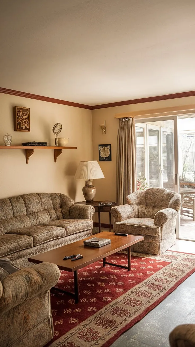 Step back in time to a 1970s haven of comfort and style. The plush floral sofa and armchair invite you to relax, while the warm, beige walls and patterned rug create a cozy atmosphere. A sliding glass door opens to the promise of sunshine and outdoor living, completing this perfectly preserved period piece. A testament to the enduring appeal of retro design.