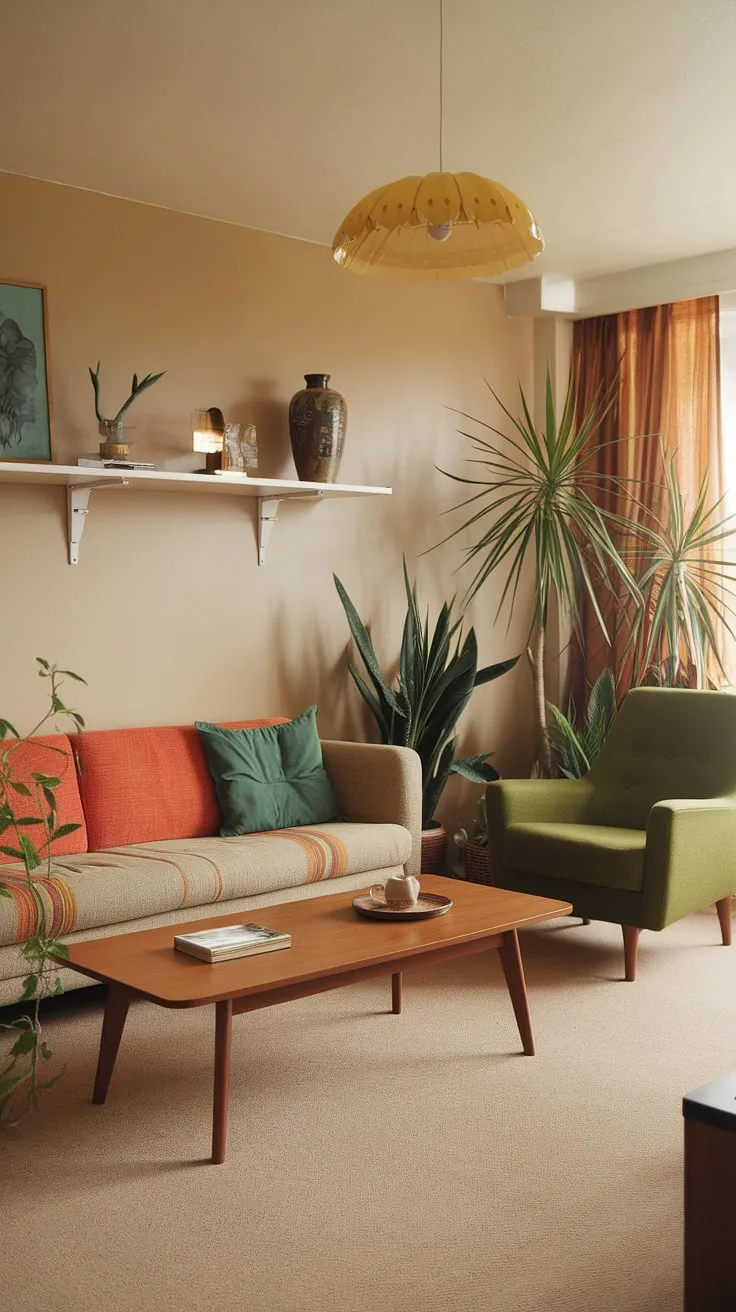 Step back in time to a 1970s haven of earthy tones and retro charm. The beige sofa, punctuated by vibrant orange and green cushions, invites you to relax amidst the warm glow of the yellow lampshade and the lush greenery. A testament to the era's unique aesthetic, this space effortlessly blends comfort and style.