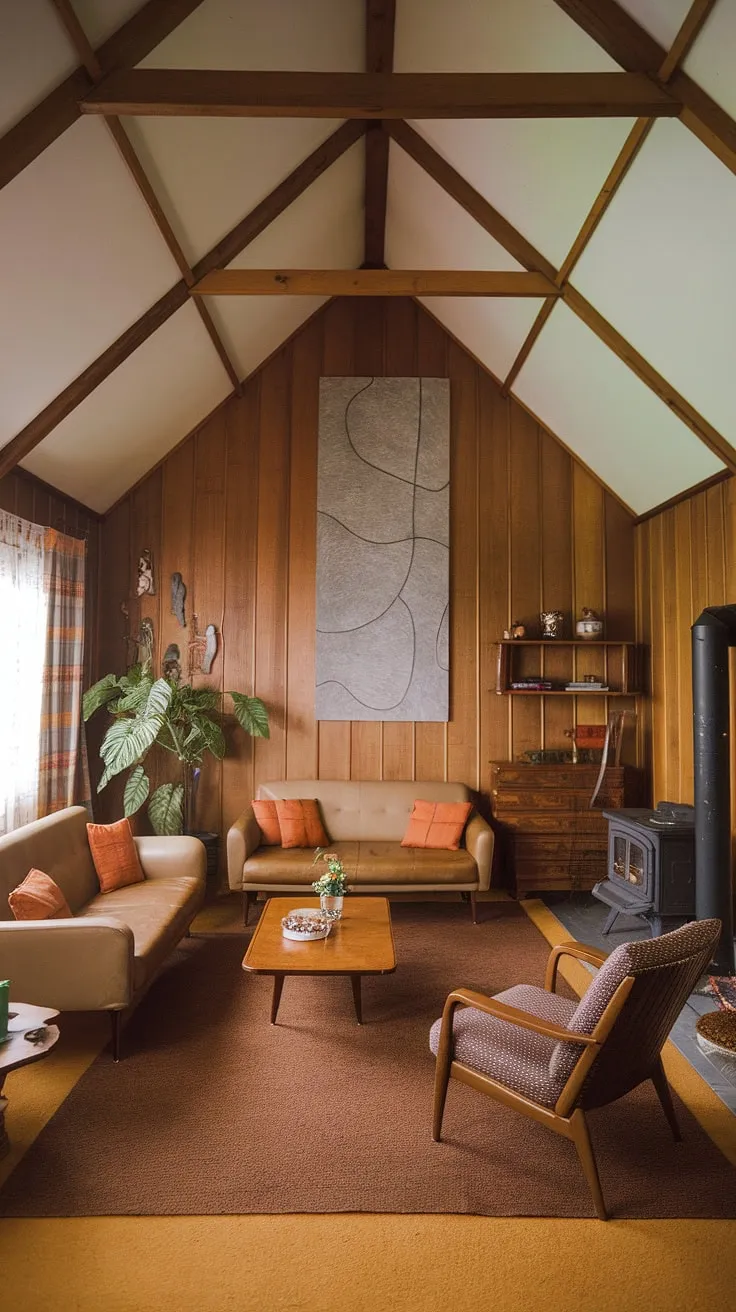 This 1970s living room is a masterclass in understated elegance. The rich wood paneling, cathedral ceiling, and carefully chosen furnishings create a space that's both stylish and inviting. A perfect blend of comfort and 70s aesthetic, it's a time capsule of good design.