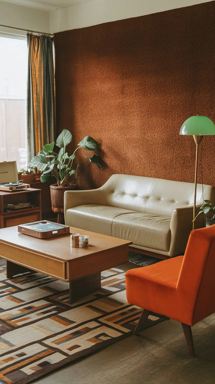 Groovy vibes only. This 1970s living room, complete with shag carpet, a retro record player, and pops of orange, is the epitome of laid-back cool. The potted plants add a touch of nature to this perfectly curated space, a true time capsule of stylish living.