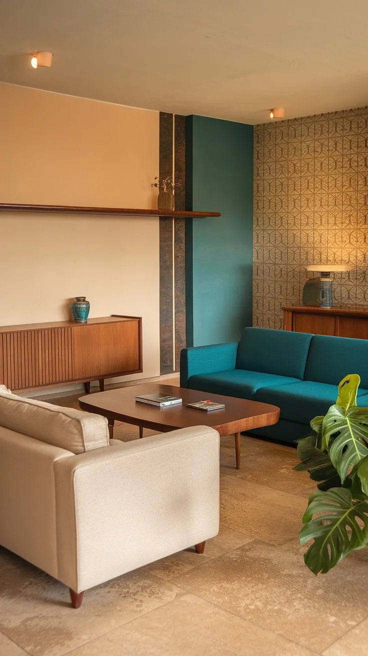 This 1970s living room is a vibrant example of retro chic. The contrasting textures-from the beige sofa to the teal sectional-and the carefully curated accessories create a space that's both stylish and comfortable. A true design classic.