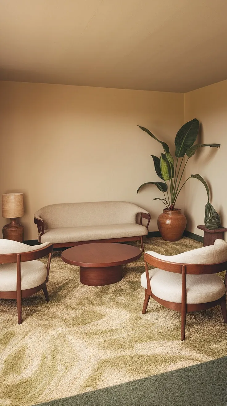 This 1970s living room captures the essence of relaxed sophistication. The muted tones, curved lines of the furniture, and the lush greenery all contribute to a space that feels both inviting and effortlessly stylish; a stunning representation of a home décor from a bygone era.