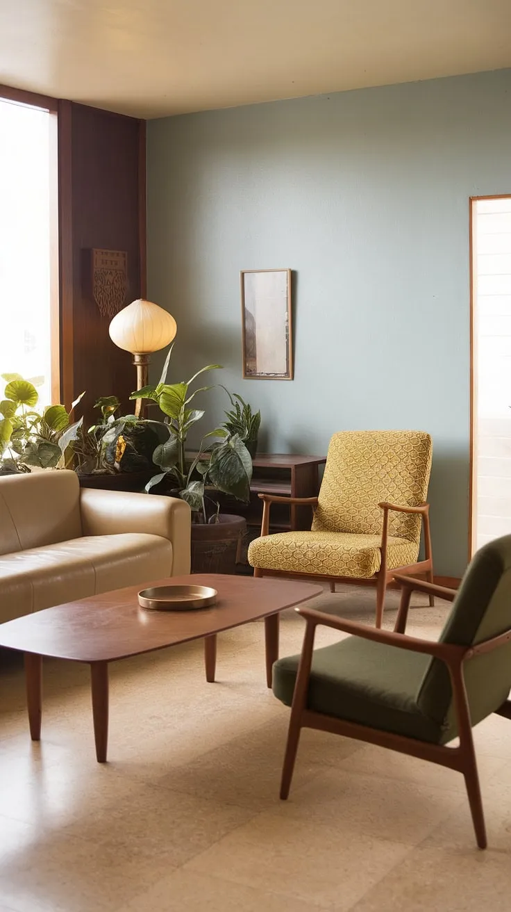 Step back in time to a 1970s haven of calm. The muted tones of the beige couch and light blue walls create a serene atmosphere, perfectly complemented by pops of color from the green armchair and sunny yellow accent chair. A testament to the era's understated elegance, this living room embodies a sophisticated simplicity. The warm glow of the vintage lamp and the lush greenery add to the inviting ambiance. A perfect example of 70s design at its finest.