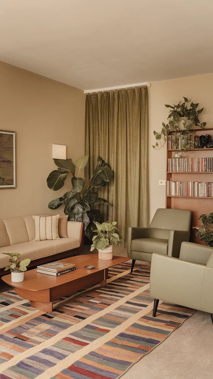 This 70s living room is a study in understated sophistication. The rich textures of the rug and furniture, the pops of green from the armchairs and curtains, and the warm glow of the wooden bookshelf all work together to create a space that feels both comfortable and chic. It's a reminder that a timeless design transcends trends.