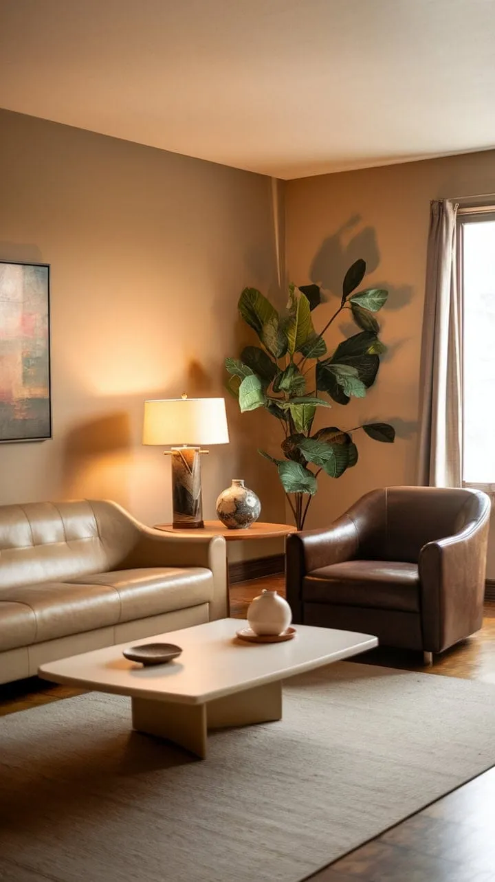A warm, honey-toned glow bathes a plush 70s-inspired living room, where earthy hues and a vibrant green plant harmonize in timeless elegance.