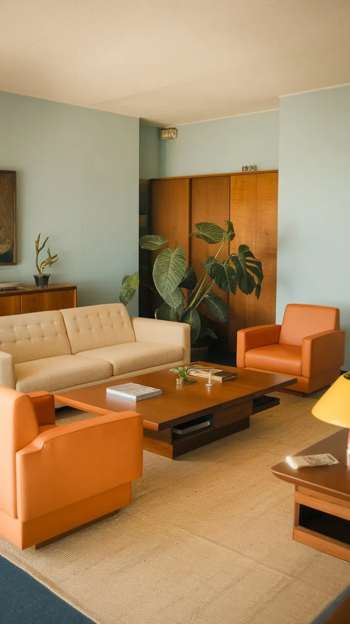 This vibrant 70s living room, with its light blue walls and warm orange accents, blends rustic charm and lively textures into a stylish retreat.