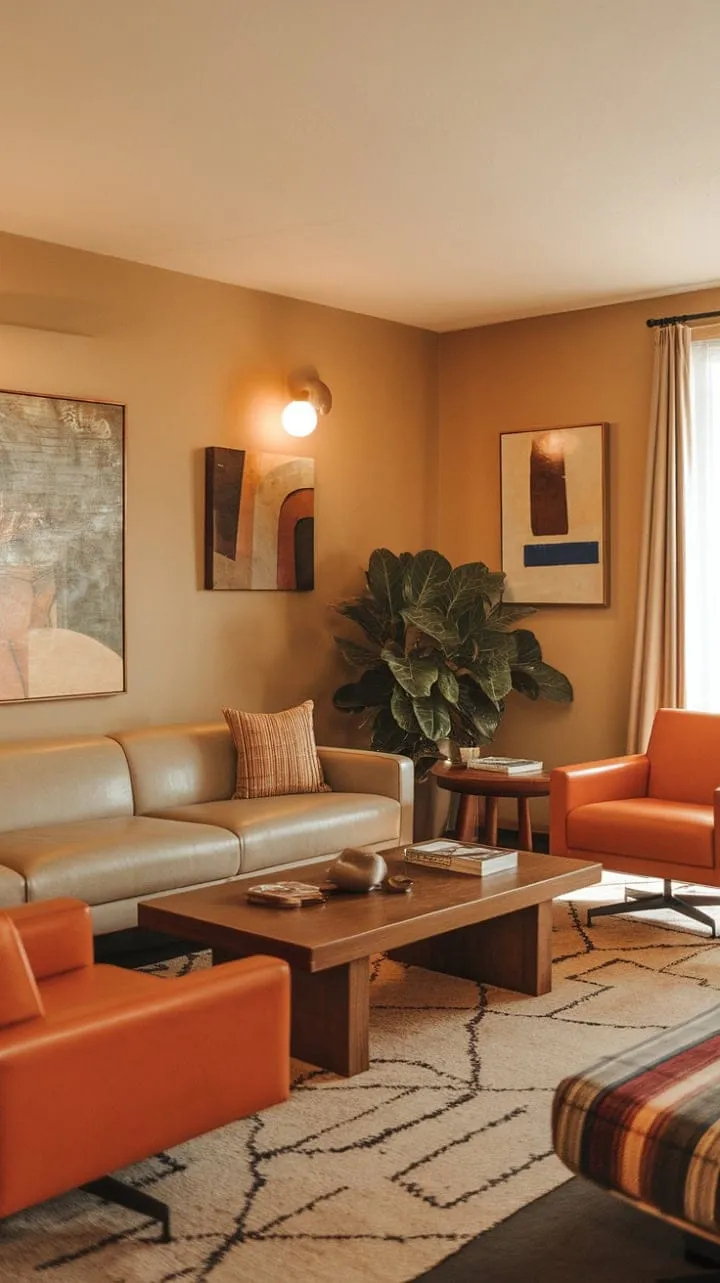 This 1970s living room masterfully blends warm tones, vibrant accents, and natural elements, showcasing the timeless charm of mid-century modern design.