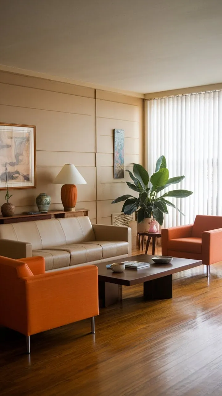 This 70s living room, with its warm honey walls, beige sofa, and playful orange armchairs, exudes a charming blend of relaxed elegance and vibrant style.