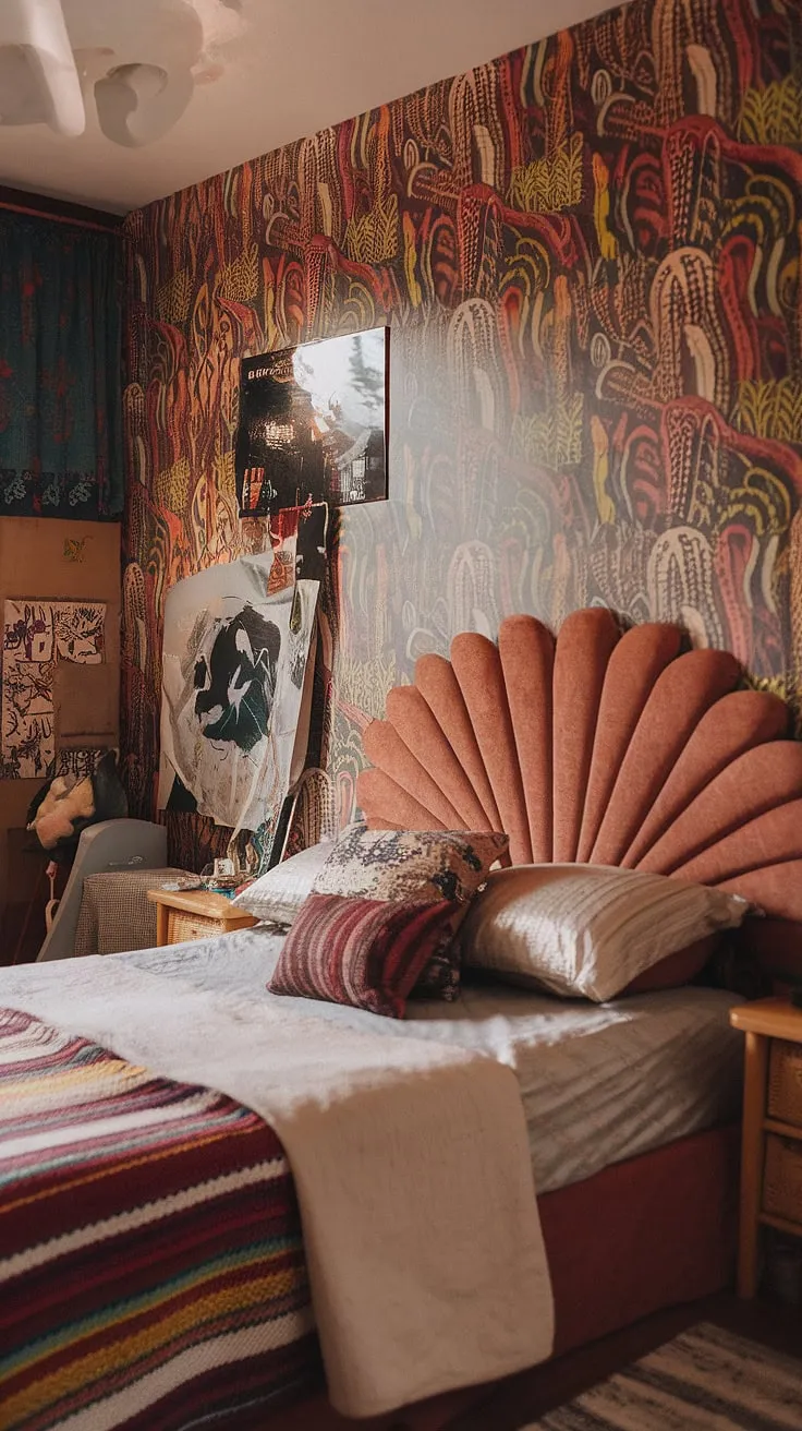 A blend of 90s bedroom style, indie core bedroom elements, and y2k grunge decor, this earthy retro bedroom boasts funky headboard ideas and hippy wall decor. Get inspired by these artsy bedroom ideas for your own 90s bedroom makeover.