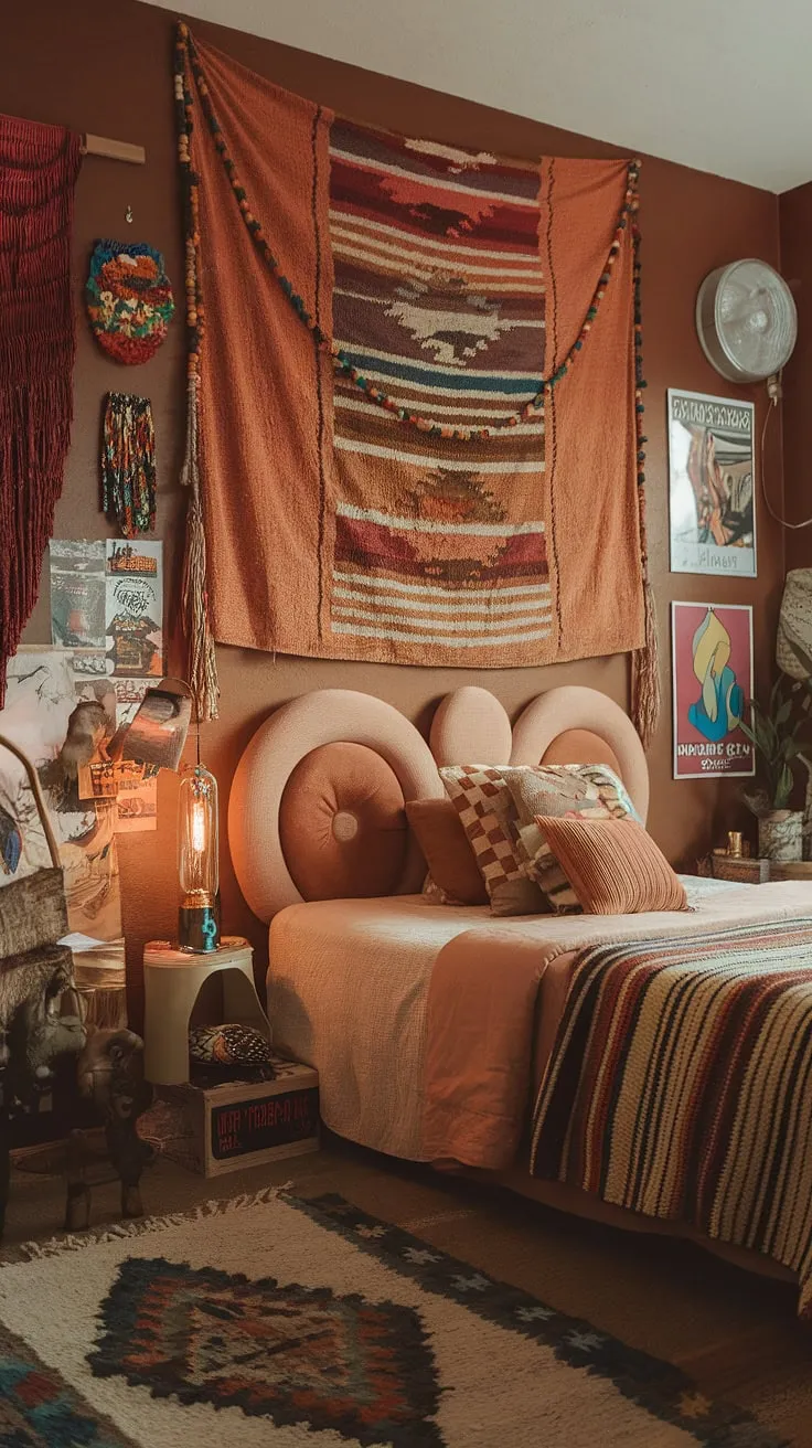 Funky headboard ideas and y2k grunge decor create a unique space, while hippy wall decor adds a touch of bohemian spirit. This artsy bedroom is a perfect blend of 90s aesthetic room decor and hippy grunge bedroom style, offering endless 90s bedroom ideas.